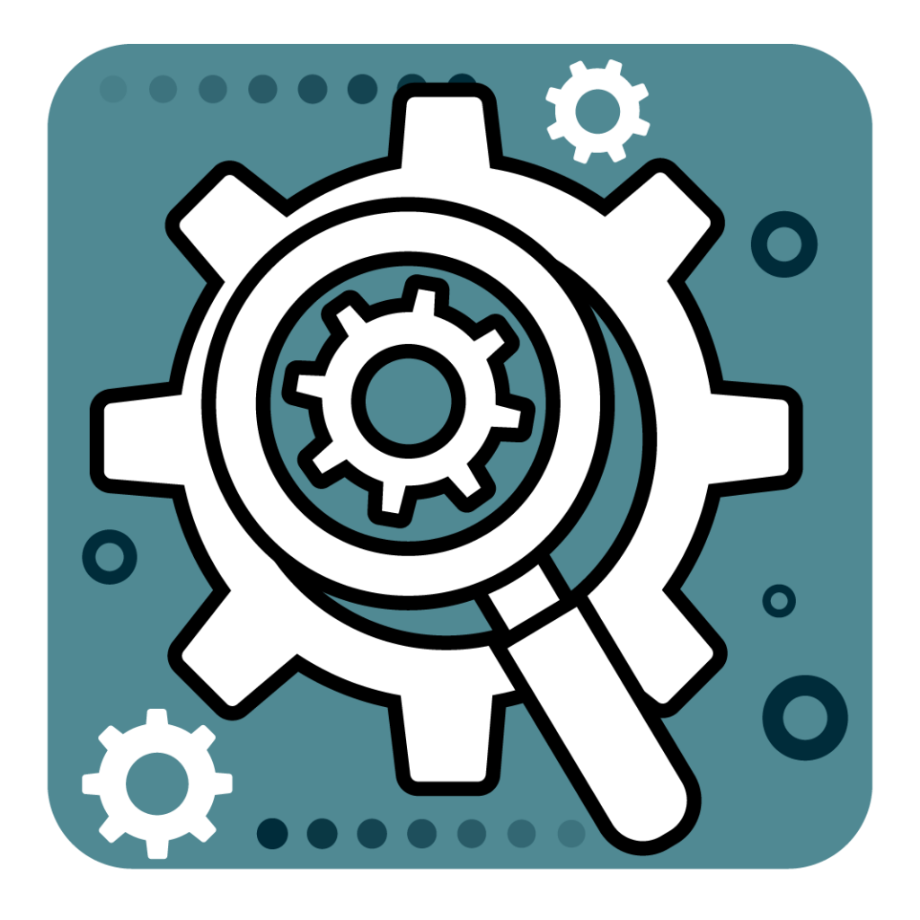 Icon of a magnifying glass looking at a gear
