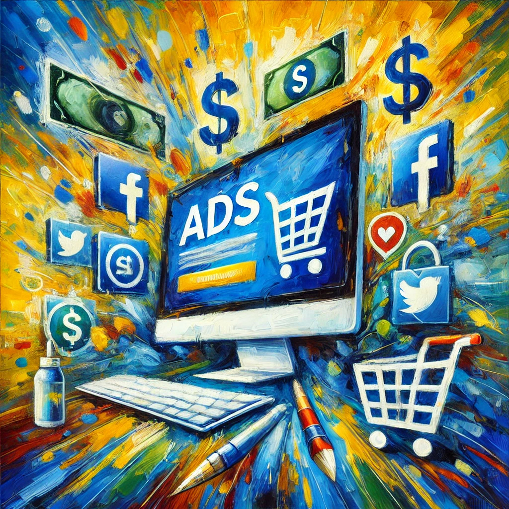 brightly colored image of a computer with an ad and money and social media icons floating around