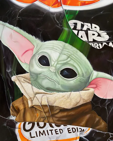 photo of a painting featuring Grogu, painted by Sabrina Abbott of Perceptionist Art