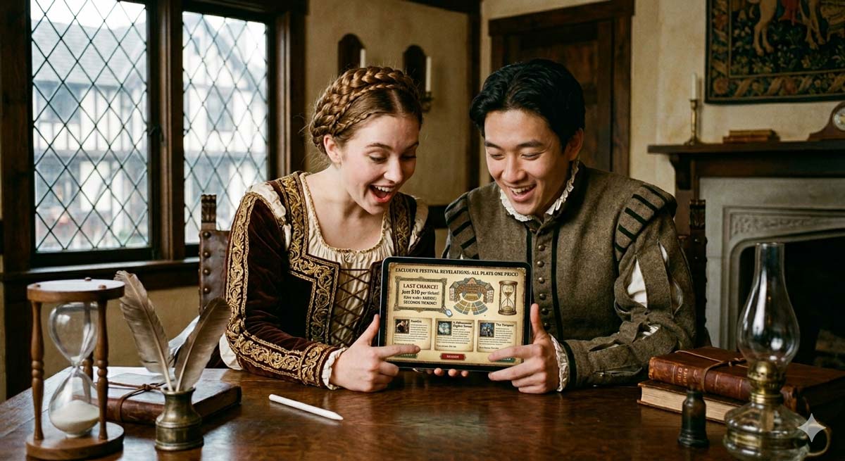 A renaissance couple is wowed by the website to buy their tickets to the Wooden O.