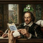 Comical image of William Shakespeare with a Trillium flower growing out of his head, pointing to a mobile phone showing the words "All the web's a stage..."