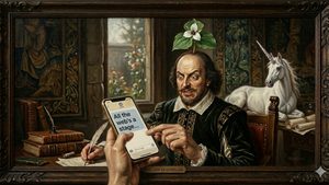 Comical image of William Shakespeare with a Trillium flower growing out of his head, pointing to a mobile phone showing the words "All the web's a stage..."