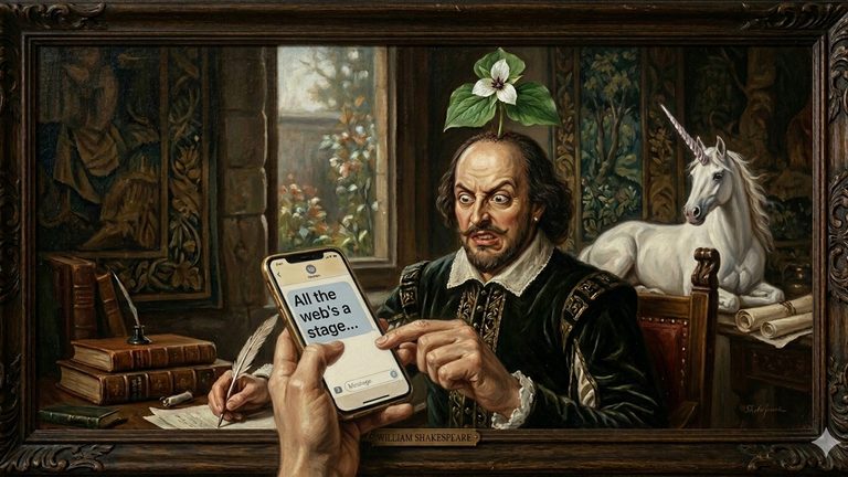 Comical image of William Shakespeare with a Trillium flower growing out of his head, pointing to a mobile phone showing the words "All the web's a stage..."