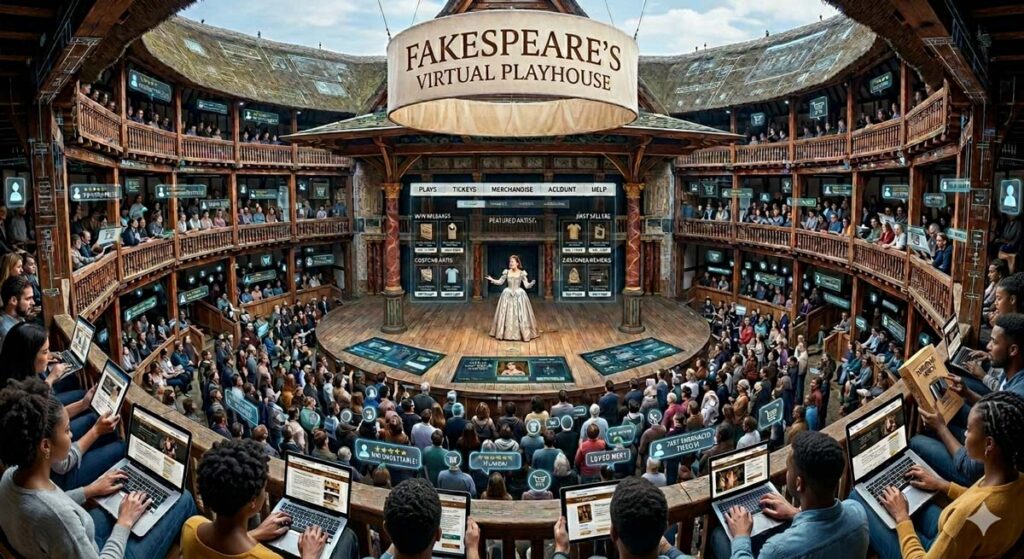 Fakespeare's Virtual Playhouse image mashup of the Wooden O, the internet, and modern devices.