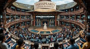 Fakespeare's Virtual Playhouse image mashup of the Wooden O, the internet, and modern devices.