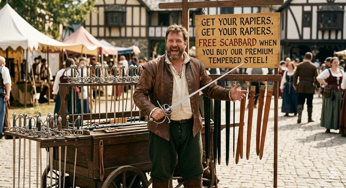 A funny image a rapier salesman in a Renaissance courtyard. His sign says "Get your Rapiers. Free scabbard when you buy our premium tempered steel!"