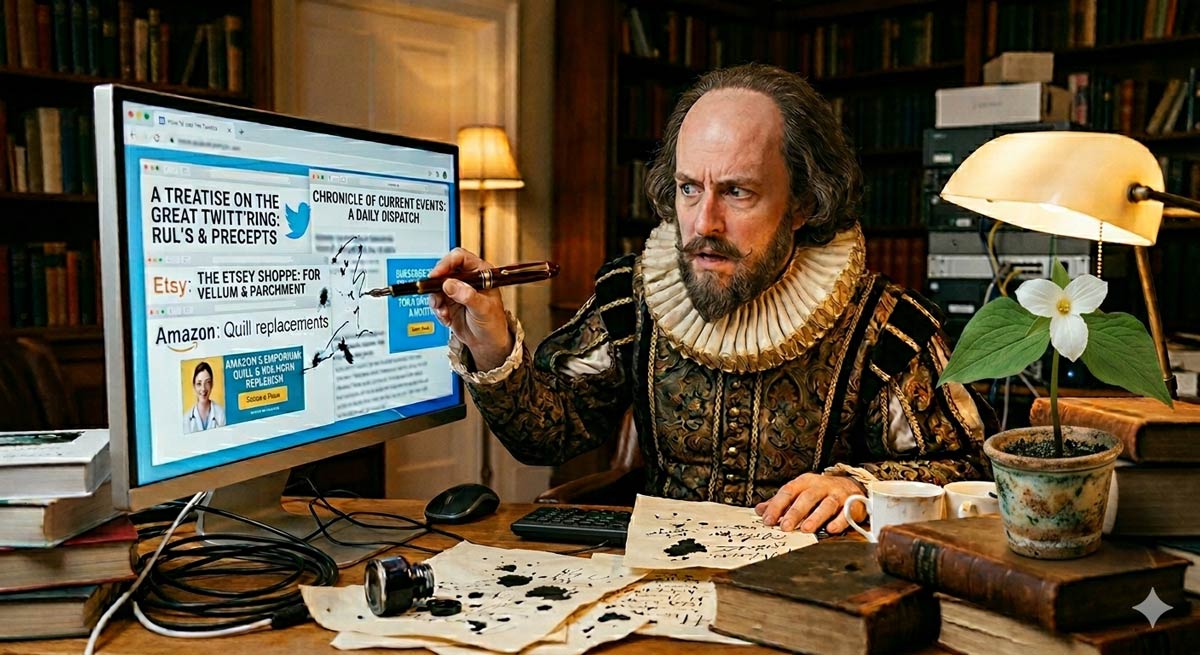 A funny image of Trillum Fakespeare trying to browse the internet with a fountain pen.
