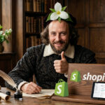 William Fakespeare character giving a thumbs up to Shopify on a tablet