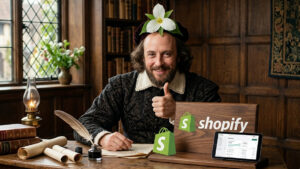 William Fakespeare character giving a thumbs up to Shopify on a tablet