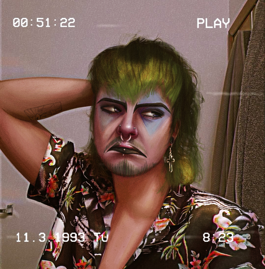 Digital drawing of a person with clown makeup on, frowning.