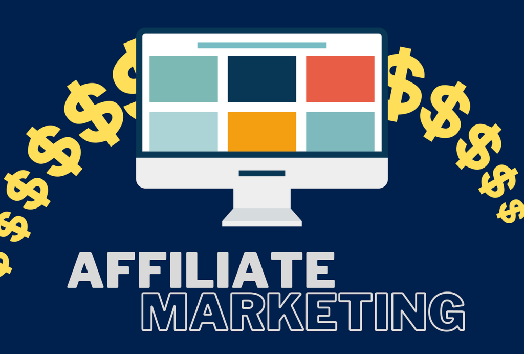 Cartoon image of a computer screen with yellow dollar signs behind it, and the words "affiliate marketing" in front with bold letters.
