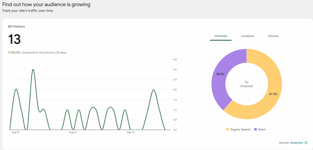 Google analytics data showing 13 visitors to the site.